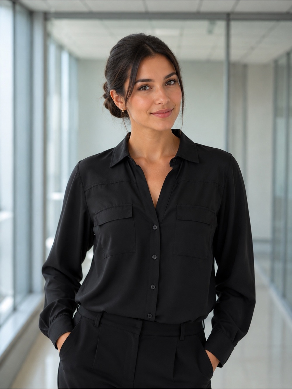 New York & Company Black Button-Front Utility Blouse
